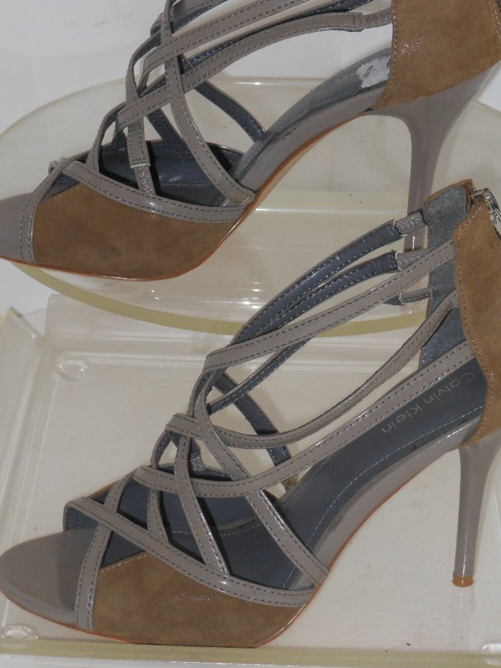 CALVIN KLEIN STRAPPY TAUPE SUEDE AND PATENT LEATHER SHOES SIZE 7 MEDIUM